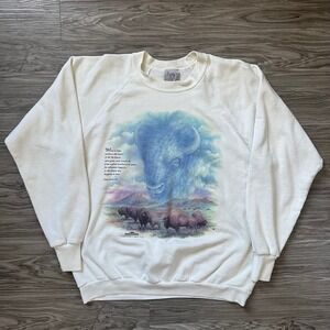 Vintage 1991 3D Emblem Bison Sweatshirt XL Delta Fifty-Fifty Chief Seattle Cream